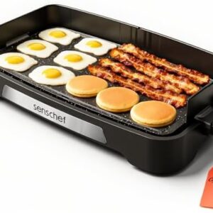 SENSCHEF Cleansnap Everyday Electric Griddle, 20” Nonstick Grill with Foldable Anti-Mess Shield, 1700W Fast Heating, ILAG Ultimate Coating, Dishwasher-Safe Removable Plate, Midnight Black: Home & Kitchen