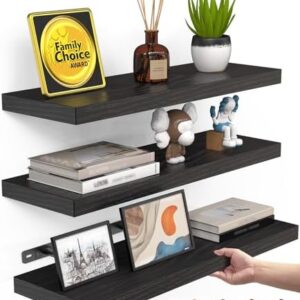 BAYKA Floating Shelves for Wall, Wall Mounted Rustic Wood Shelves for Bathroom, Bedroom, Living Room, Kitchen, Hanging Shelf for Books/Storage/Room Decor with 22lbs Capacity (Black, Set of 3, 15.7in) : Tools & Home Improvement